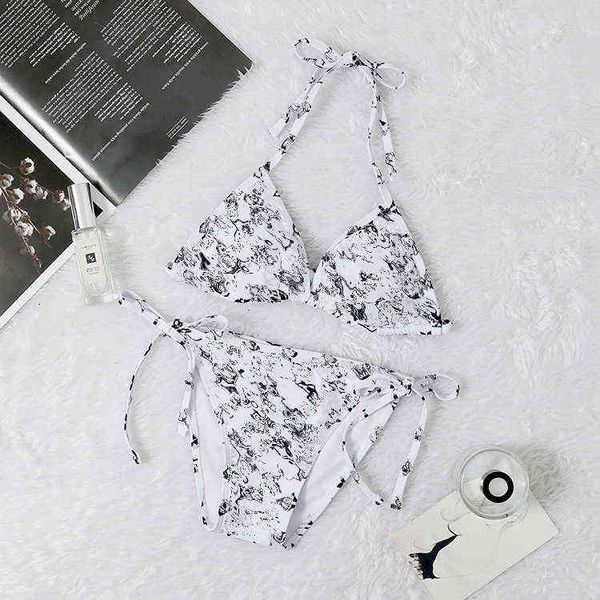 

female trendy swimsuit alphabet print lace up multicolor triangle bikini net red holiday, White;black