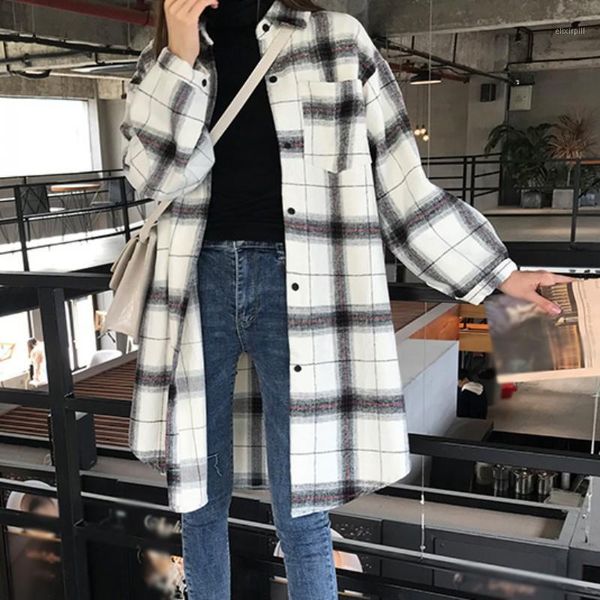 Frauen Herbst Casual Retro Lose Schwarz Weiß Plaid Bluse Revers Langarm Mid-Lange Hemd Frühling frauen Blusen Shirts