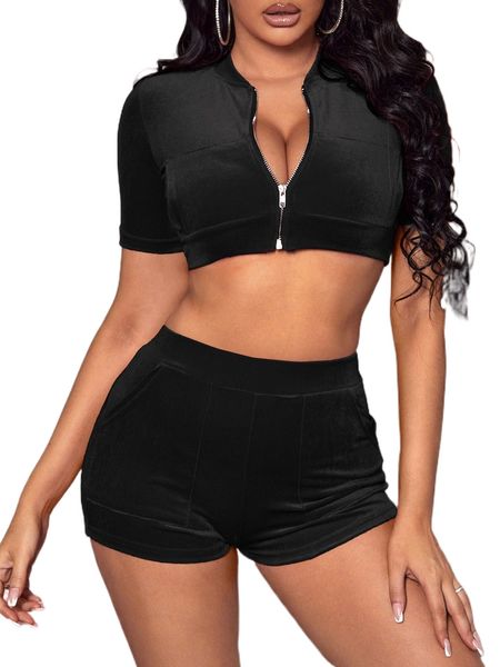 

sxy zipper front velvet crop and shorts set r96b#, White