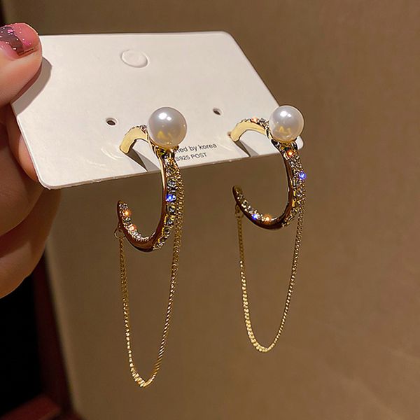 

advanced circle pearl inlaid diamond chain dangle earrings for women korean fashion earring daily birthday party jewelry gifts, Silver