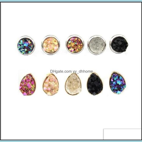 Stud Moda Oro Sier Rotondo a goccia Quadrato Orecchini Druzy Mini Punto geometrico Nero Quarzo Pietra Drusy Orecchino Gioielli Goccia Yydhhome Dhbtn