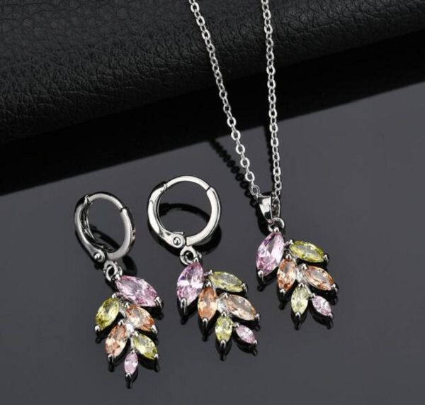 

leaf earrings necklace set colorful zircon inlay, Silver