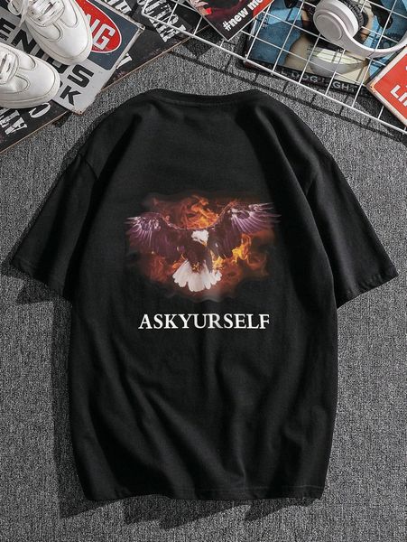 

men slogan & eagle print tee e3gl#, White;black