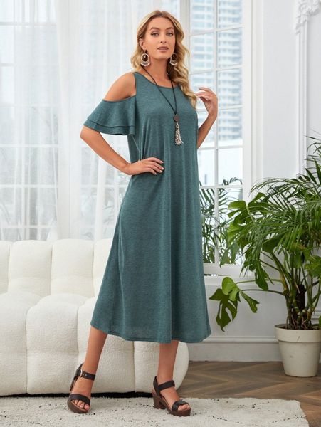 

emery rose cold shoulder flutter sleeve dress q4vm#, Black;gray