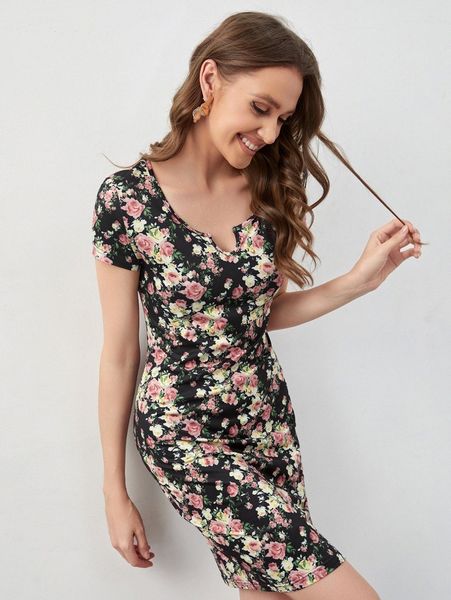 

floral print notched neck fitted dress o3o0#, Black;gray