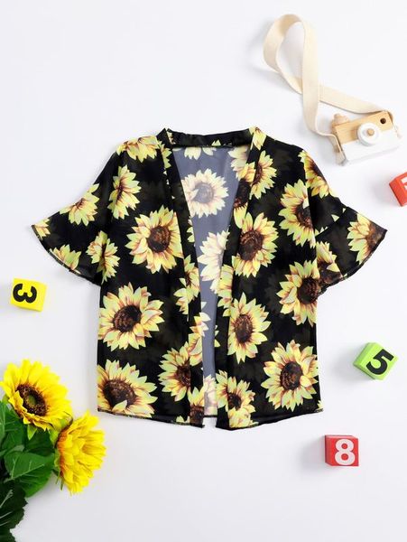 

toddler girls sunflower print kimono she, White;black