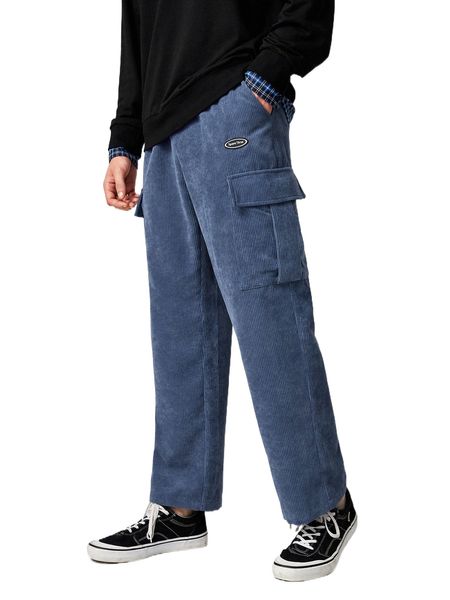 

men patched detail flap pocket corduroy pants q8bs#, Black