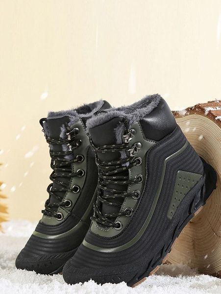 

boys colorblock lace-up front plush inside boots she, Black;grey