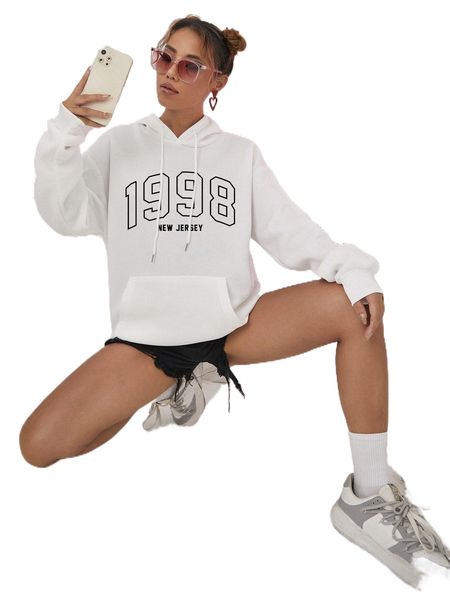 

letter graphic drop shoulder kangaroo pocket drawstring hoodie w45t#, Black