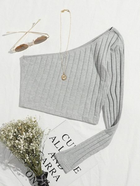 

one shoulder rib-knit crop l4rb#, White