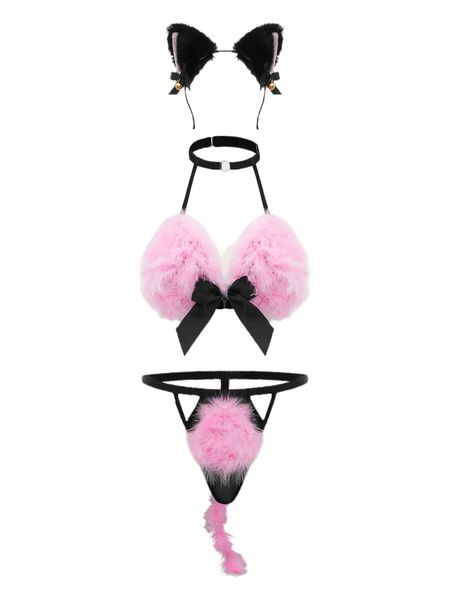 

3pack bow front fluffy harness lingerie set 77rs#, Black;red