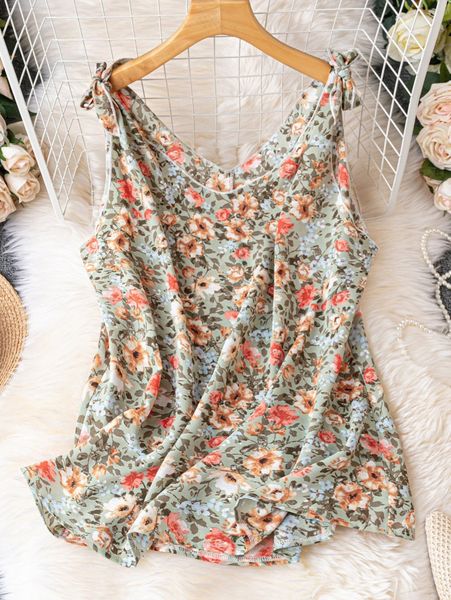 

plus allover floral print tie shoulder blouse z8nn#, Black