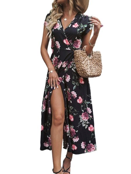 

f.loral print surplice n.eck k.not side w.rap hem d.ress 945u#, Black;gray