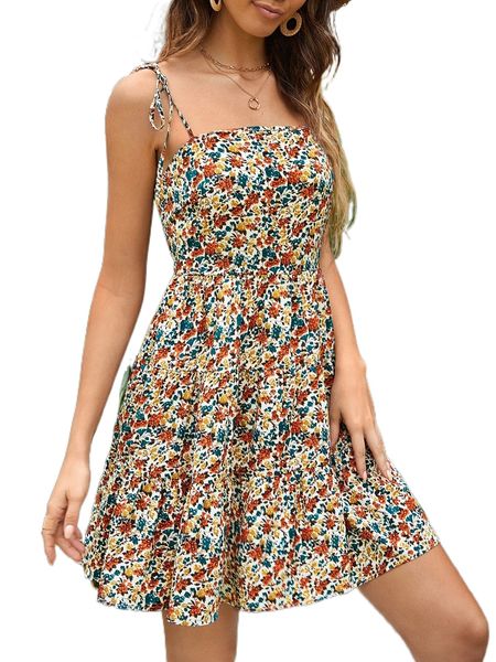 

floral print cut out tie shoulder ruffle hem cami dress t4l9#, Black;gray