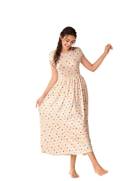 

allover heart print batwing sleeve nightdress o1fs#, Black;red