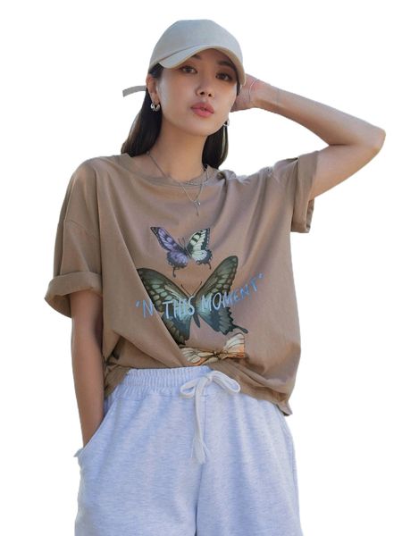 

dazy butterfly & slogan graphic drop shoulder tee o3l1#, White