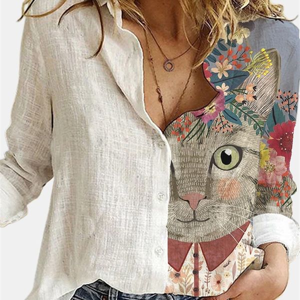 Moda allentato animale gatto stampa digitale camicia da donna autunno ufficio camicette bianche manica colletto rovesciato stampa casual cardigan top 220725