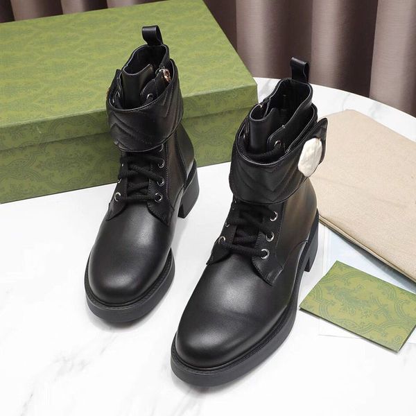

autumn and winter thick sole women's boots leather round toe flat ankle boots fashion black designer british style metal decorative mar