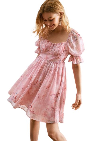 

floral print ruched bust puff sleeve dress x4rs#, Black;gray