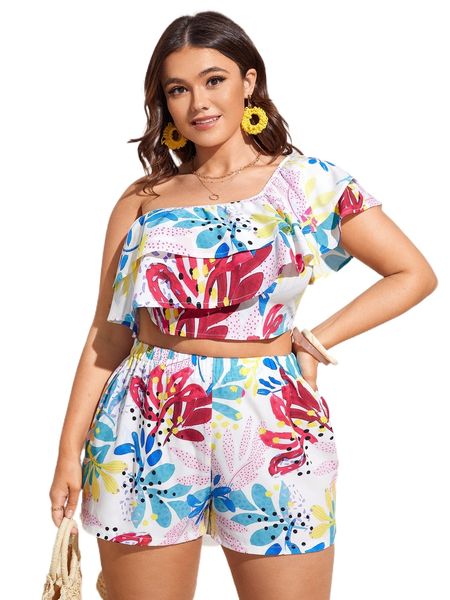 

plus floral print one shoulder ruffle trim crop & shorts d3sw#, Black