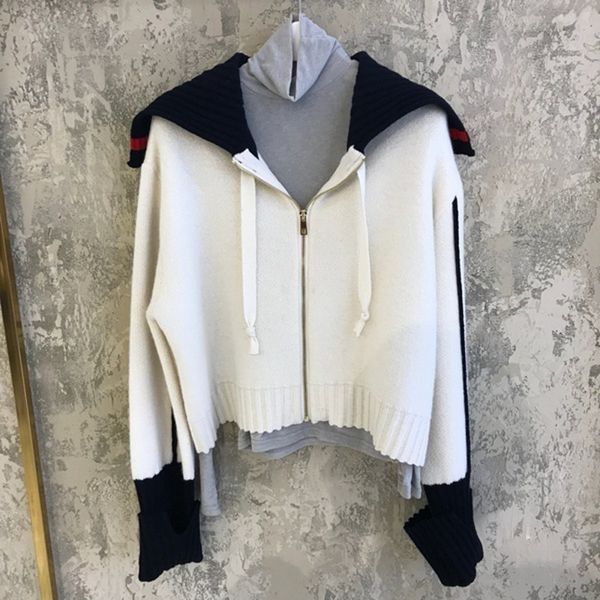 

turndown collar korean sweaters color matching loose outer knitted cardigan sweater coat short women 210506, White