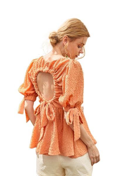 

solid square neck puff sleeve knot detail blouse r56c#, White