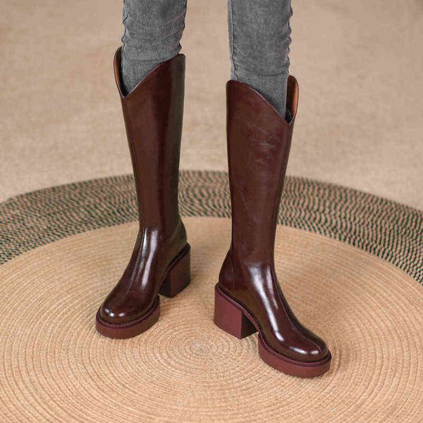 

boots autumn women shoes brand new round nose thick heel leather plush brown black back zipper knee length size 33-40 220709