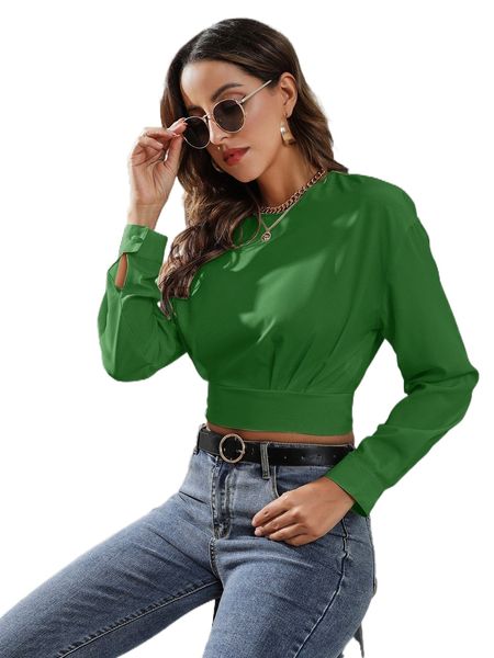 

drop shoulder keyhole back crop blouse n2q1#, White