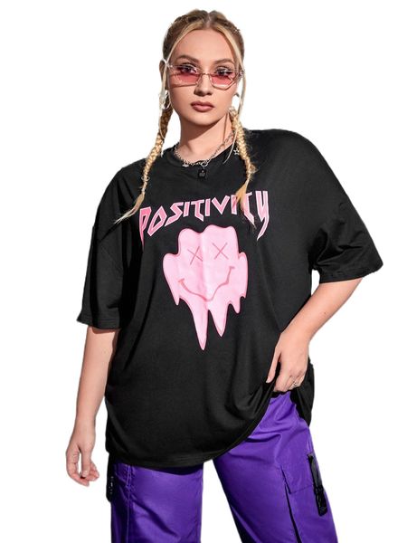 

plus letter & cartoon graphic drop shoulder tee d8pk#, Black