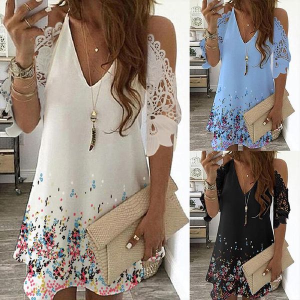 

print floral vintage dress women summer casual v-neck beach sling off shoulder lace party dresses robe, Black;gray