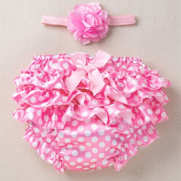 

baby polka dot print bow front layered hem satin shorts with headband she, Black