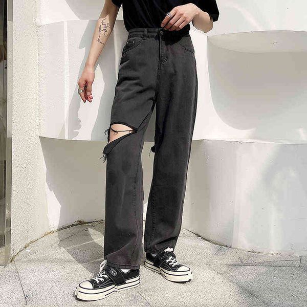 

summer ripped jeans men's fashion casual black blue wide-leg jeans men streetwear loose hip-hop straight denim trousers mens t220726