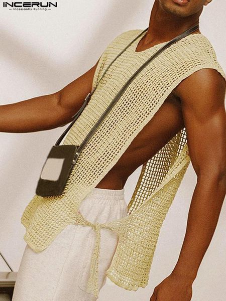 

men tank mesh sleeveless o-neck streetwear lace up see through vests breathable side split clothing, White;black