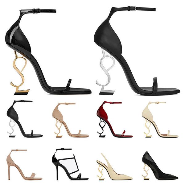 

women luxury dress shoes high heels patent leather gold tone triple black nude lady fashion sandals open toes stiletto heel party wedding of