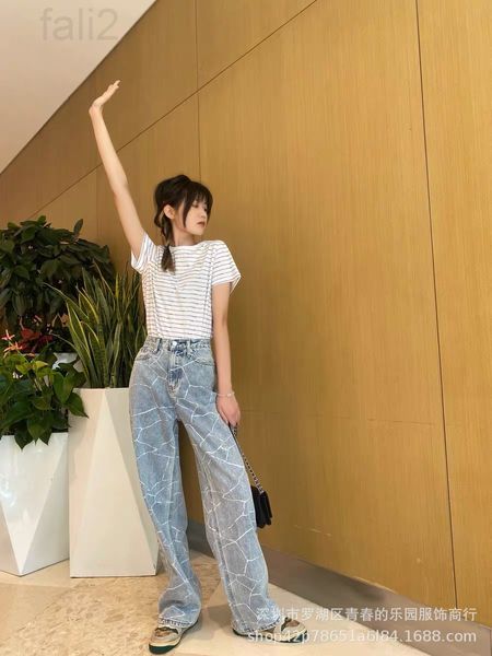 

women's jeans designer 21ss new product aw king irregular white print pattern loose straight wide leg trousers jeans women 0acw, Blue