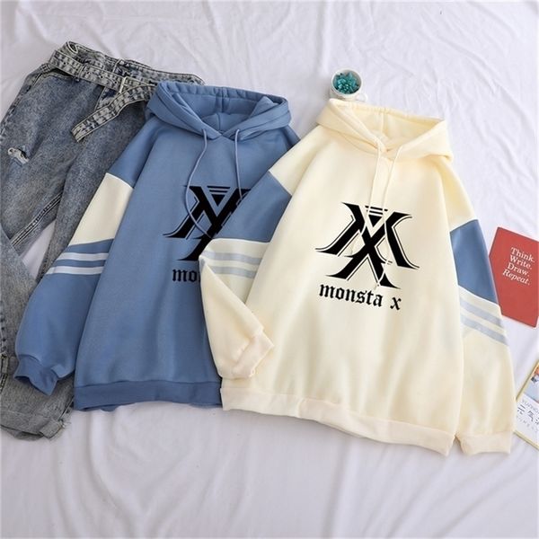 

monsta x print women hoodies casual long sleeve hip hop winter fleece pullover fashion sweatshirt hooded kpop clothes y200706, Black