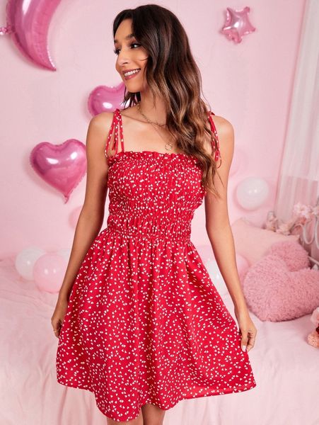 

knot strap frill trim shirred bodice heart print cami dress q7u5#, Black;gray