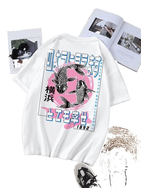 

men fish & japanese letter graphic tee 41pl#, White;black