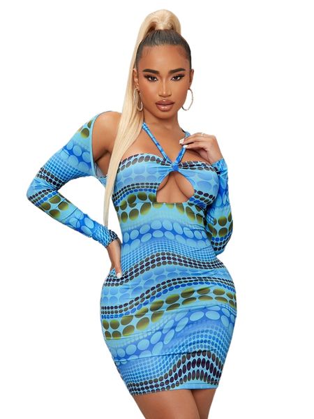 

sxy polka dot print cut-out bodycon dress n2tz#, Black;gray