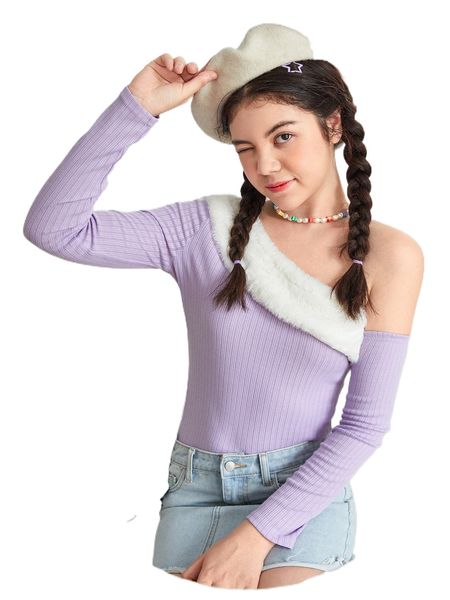 

teen girls asymmetrical neck fuzzy trim v5xy#, Black;white