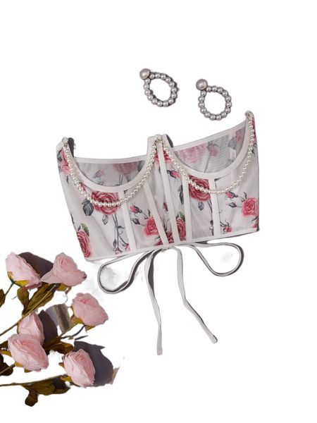 

floral print faux pearl decor lace up back bra i0gb#, Black;red