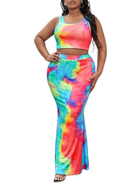 

sxy plus tie dye crop tank & mermaid hem bodycon skirt e3sy#, Black