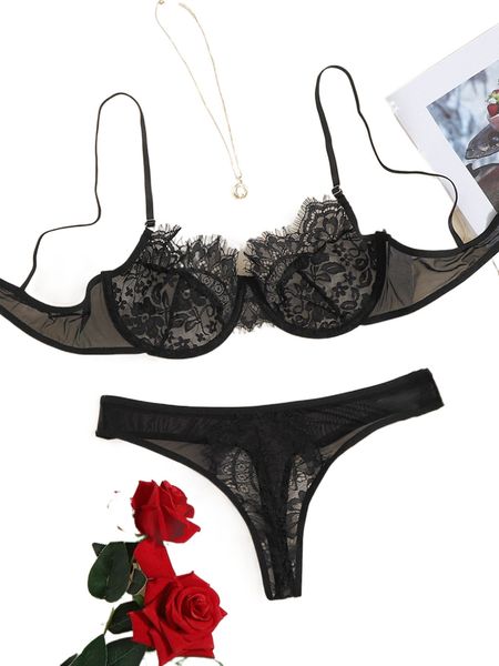 

eyelash lace underwire lingerie set p1ib#, Black;red