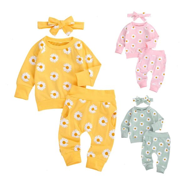 

spring fall autumn infant baby girls 3pcs set long sleeve lovely print pants headband toddler outfits, White