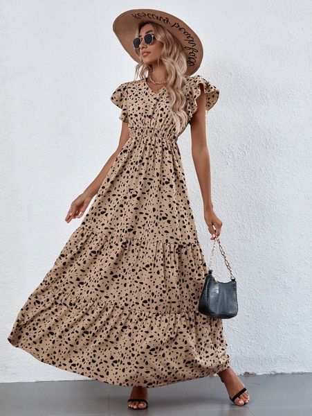 

allover print ruffle hem v-neck a-line dress t0fm#, Black;gray