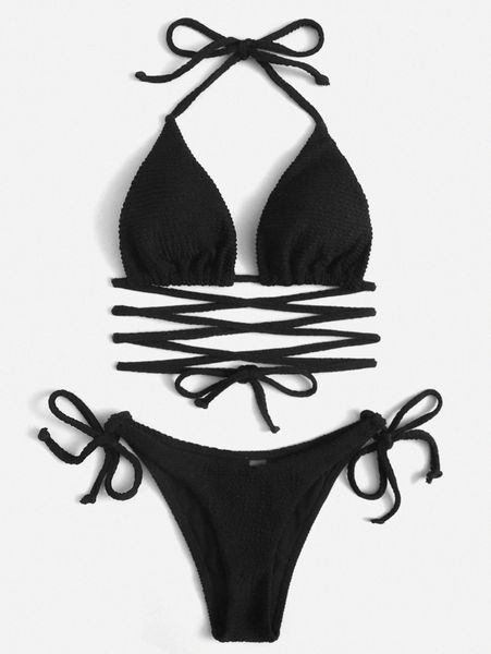 

plain textured halter triangle bikini swimsuit a0uz#, White;black