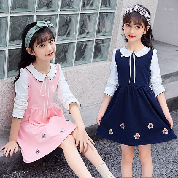 Девушки платья девочки весеннее платье корейское детское детское дети с длинными сжимами принцесса в стиле колледжа Студент Детский детский случай 4-13 лет