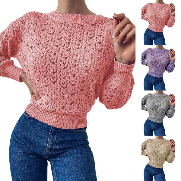 

2022 sweater casual pullover women hollow long sleeve sweater cut autumn winter warm pullover top, White;black