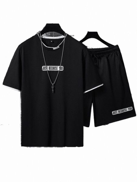 

men slogan graphic 2 in 1 tee & shorts f5fm#, Gray