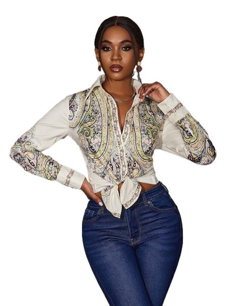 

paisley print button front shirt o47u#, White
